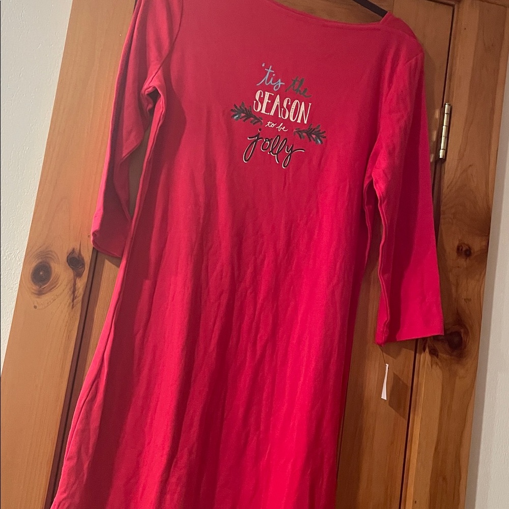 Talbots Christmas Nightgown 'Tis The Season‎ To Be Jolly” Red Cotton small